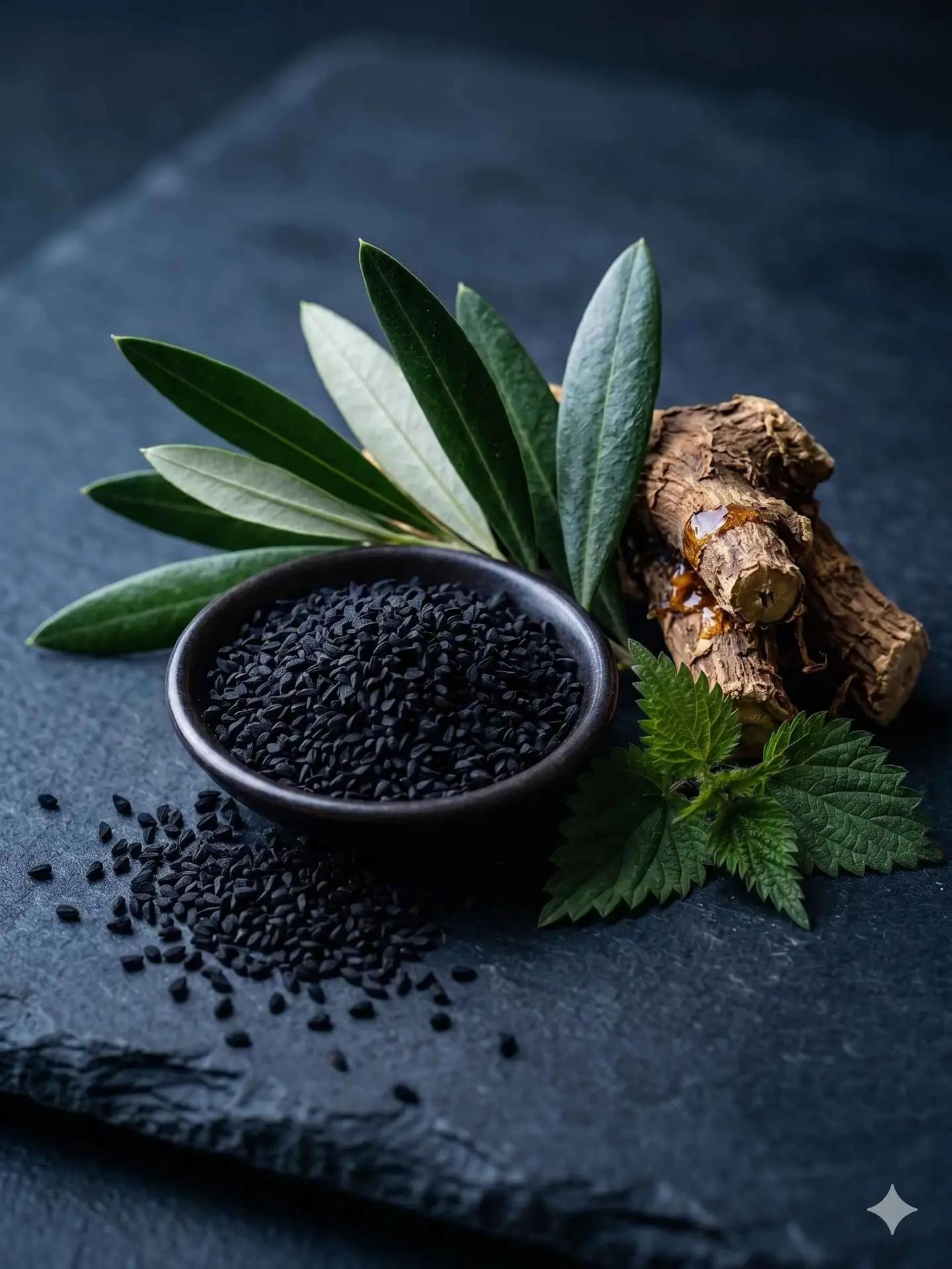black cumin seeds in a small bowl with fresh olive leaves and nettle root on a dark slate surface, representing natural male enhancement and stamina ingredients.